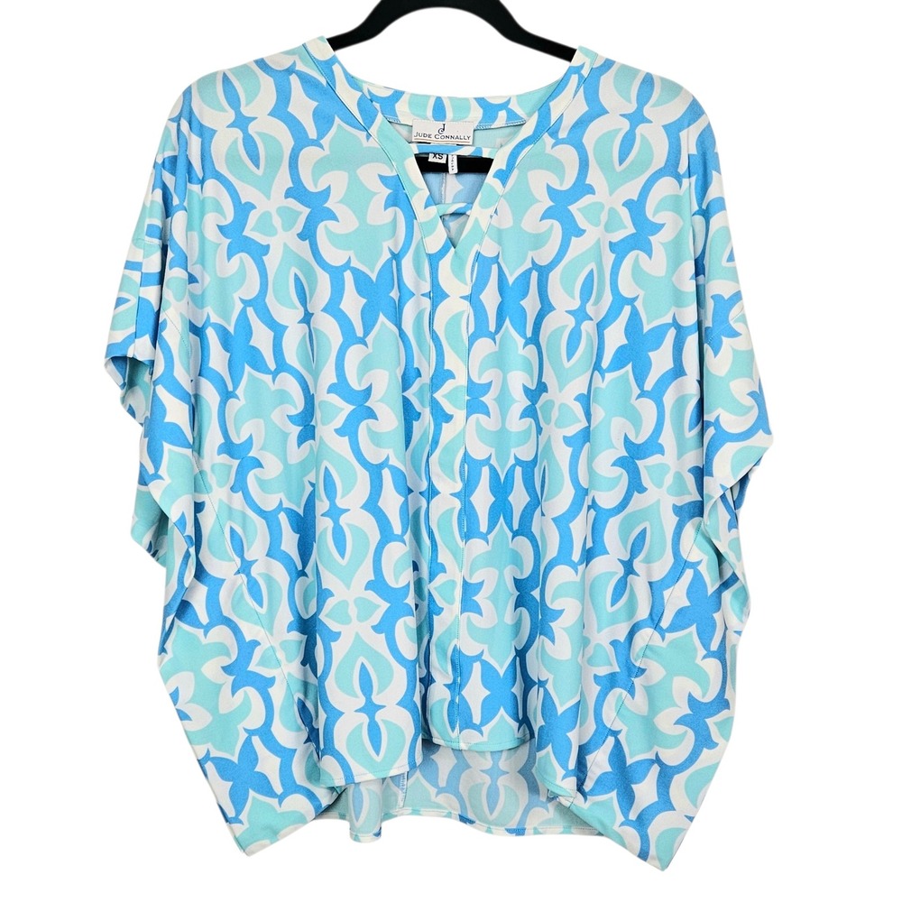 Jude Connally Blouse‎ Womens Sz XS Oversized Blue Geometric Medallion V-Neck 399